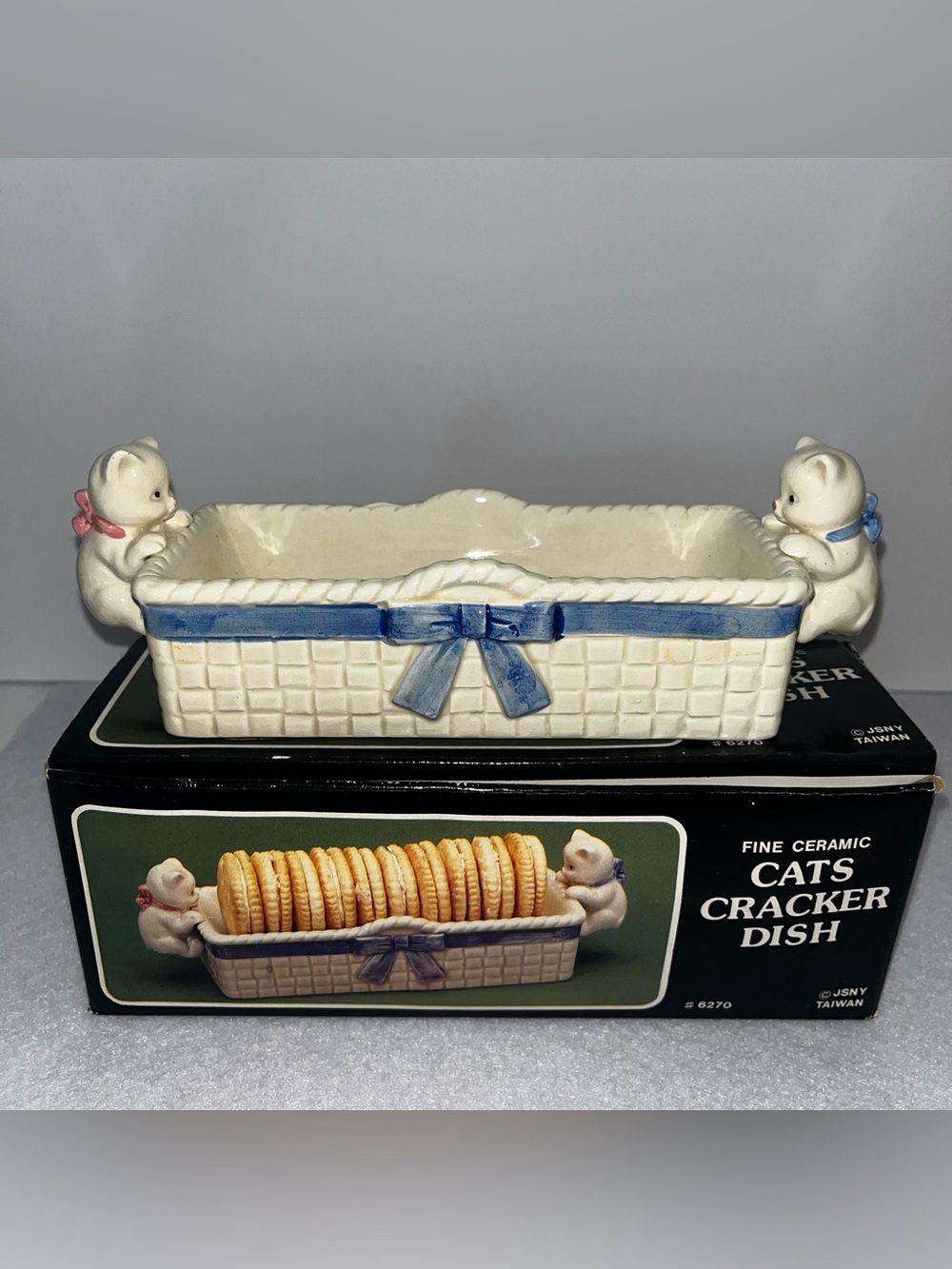 NIB Vintage Ceramic Cat Crackers Dish with Blue Ribbon Accent